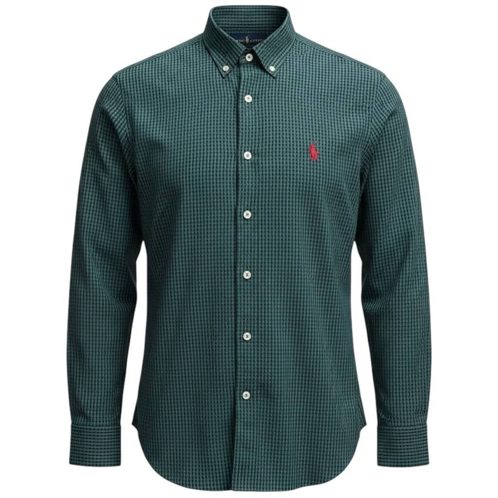 Camisa Ralph Lauren Masculina Micro Xadrez Verde Floresta Pony Vermelho