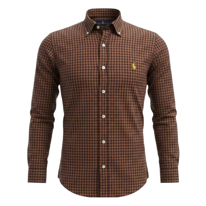 Camisa Ralph Lauren Masculina Xadrez Marrom Pony Dourado