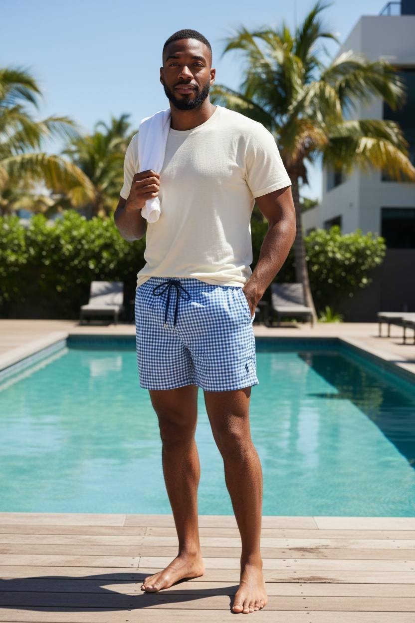 Shorts Ralph Lauren Masculino Xadrez Azul Piscina