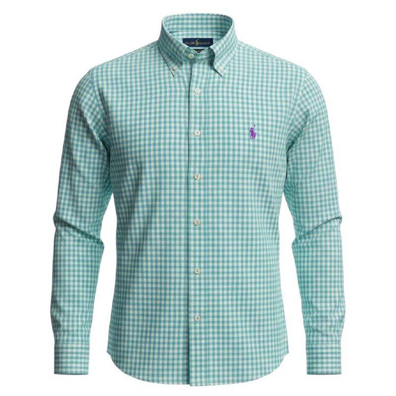 Camisa Ralph Lauren Masculina Xadrez Quadros Verde Água Pony Lilás