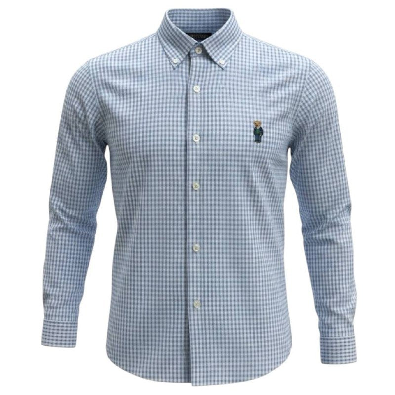 Camisa Ralph Lauren Masculina Oxford Micro Xadrez Clássico Azul Urso Americano