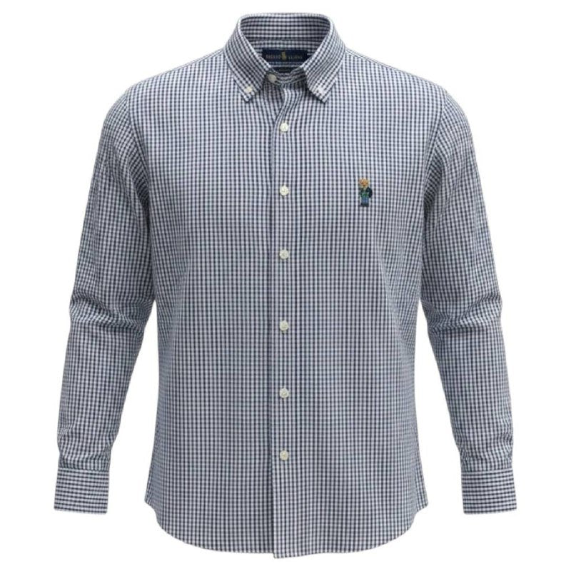 Camisa Ralph Lauren Masculina Oxford Micro Xadrez Clássico Petróleo Urso Americano