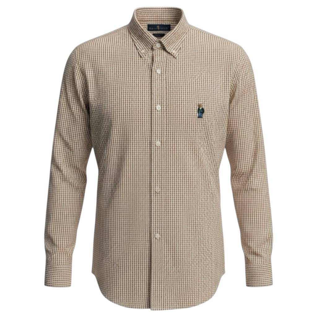 Camisa Ralph Lauren Masculina Oxford Micro Xadrez Clássico Marrom Urso Americano