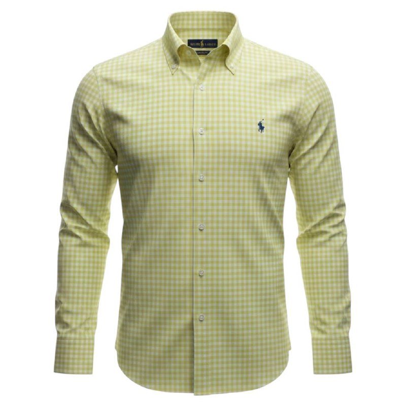 Camisa Ralph Lauren Masculina Xadrez Viscolinho Amarelo Cítrico Pony Marinho