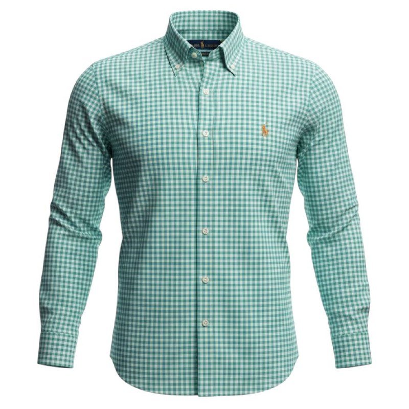 Camisa Ralph Lauren Masculina Xadrez Viscolinho Verde Água Pony Laranja