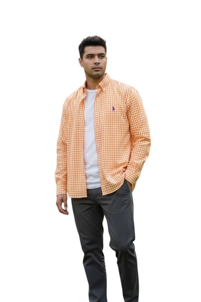 Camisa Ralph Lauren Masculina Xadrez Laranja Pony Roxo
