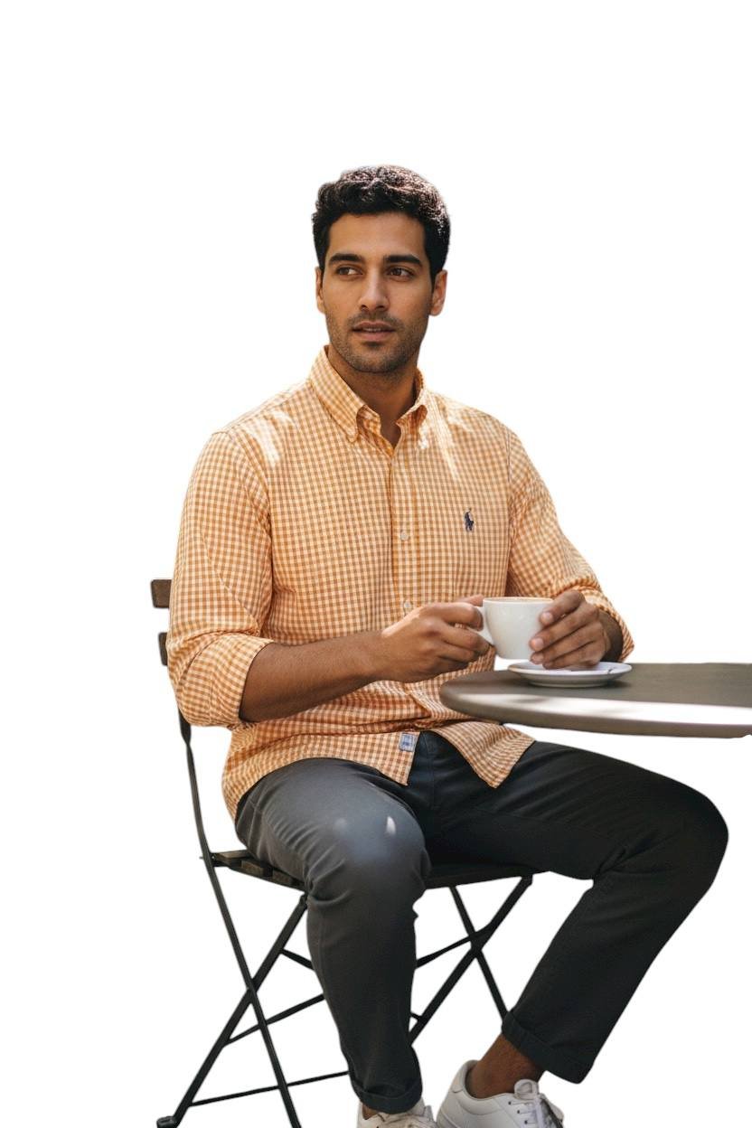 Camisa Ralph Lauren Masculina Xadrez Laranja Pony Roxo