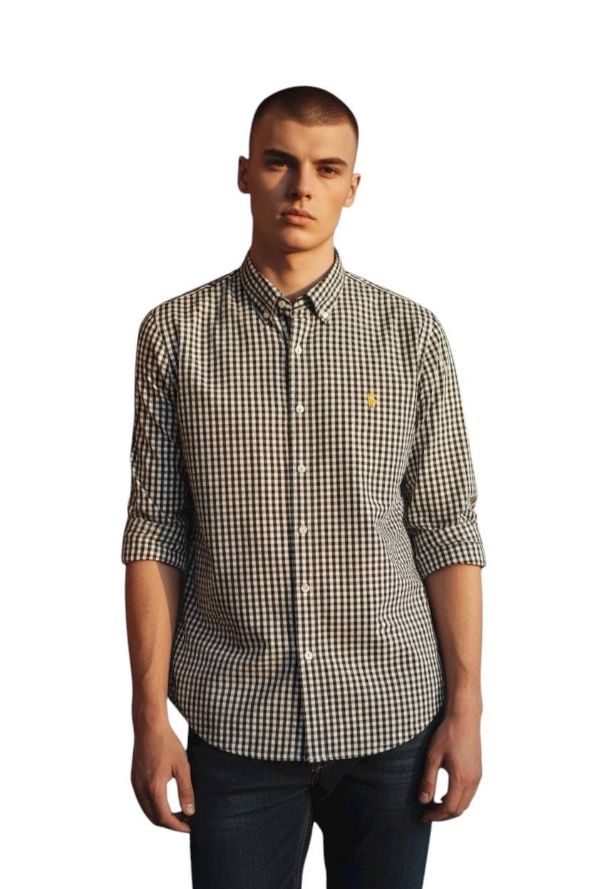 Camisa Ralph Lauren Masculina Xadrez Preto Pony Amarelo