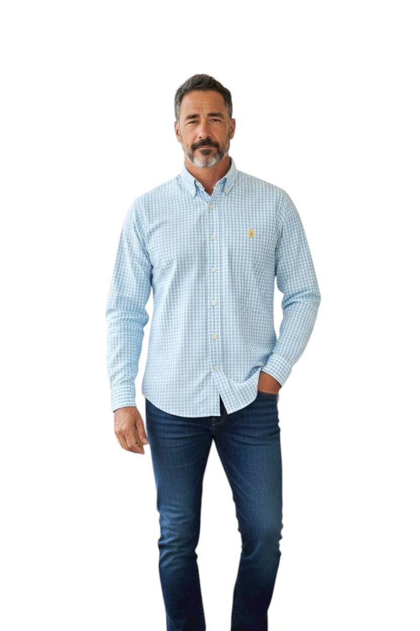 Camisa Ralph Lauren Masculina Xadrez Azul Bebê Pony Amarelo