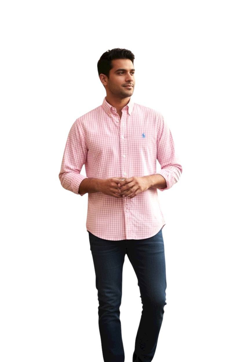 Camisa Ralph Lauren Masculina Xadrez Rosa Pony Azul Bebê