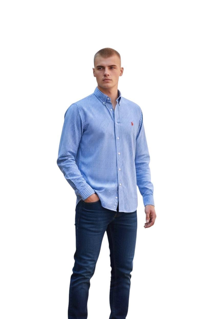 Camisa Ralph Lauren Masculina Azul Celeste Listras Executiva Pony Vermelho