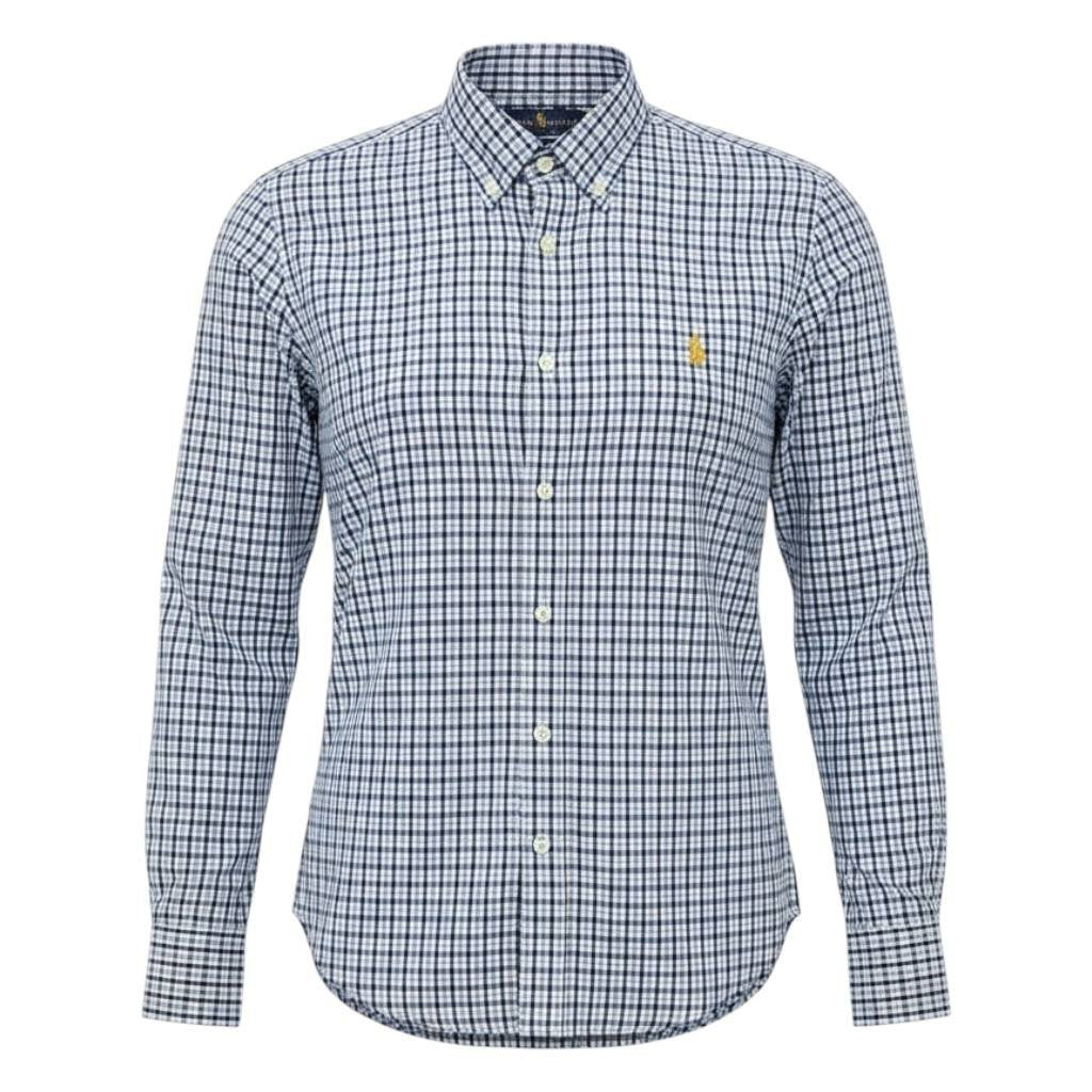 Camisa Ralph Lauren Masculina Xadrez Azul e Branco Pony Dourado