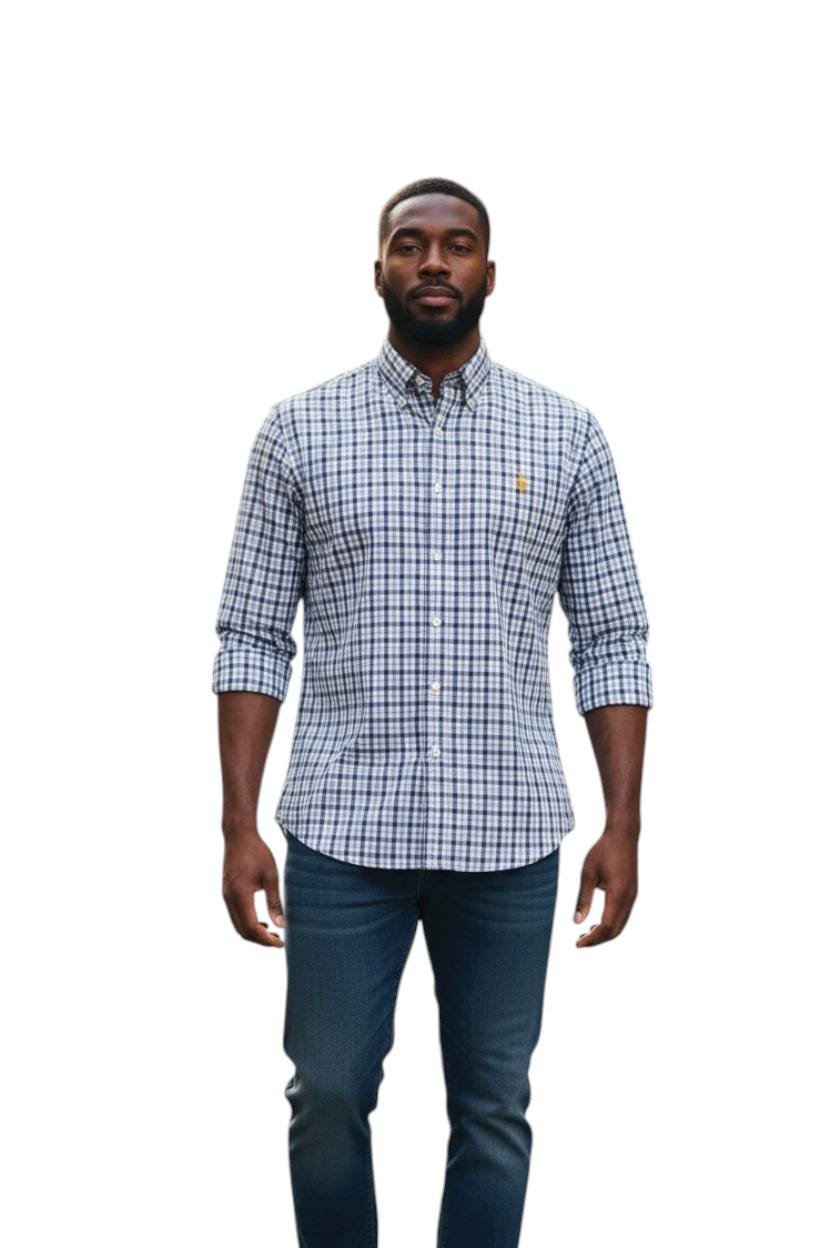 Camisa Ralph Lauren Masculina Xadrez Azul e Branco Pony Dourado