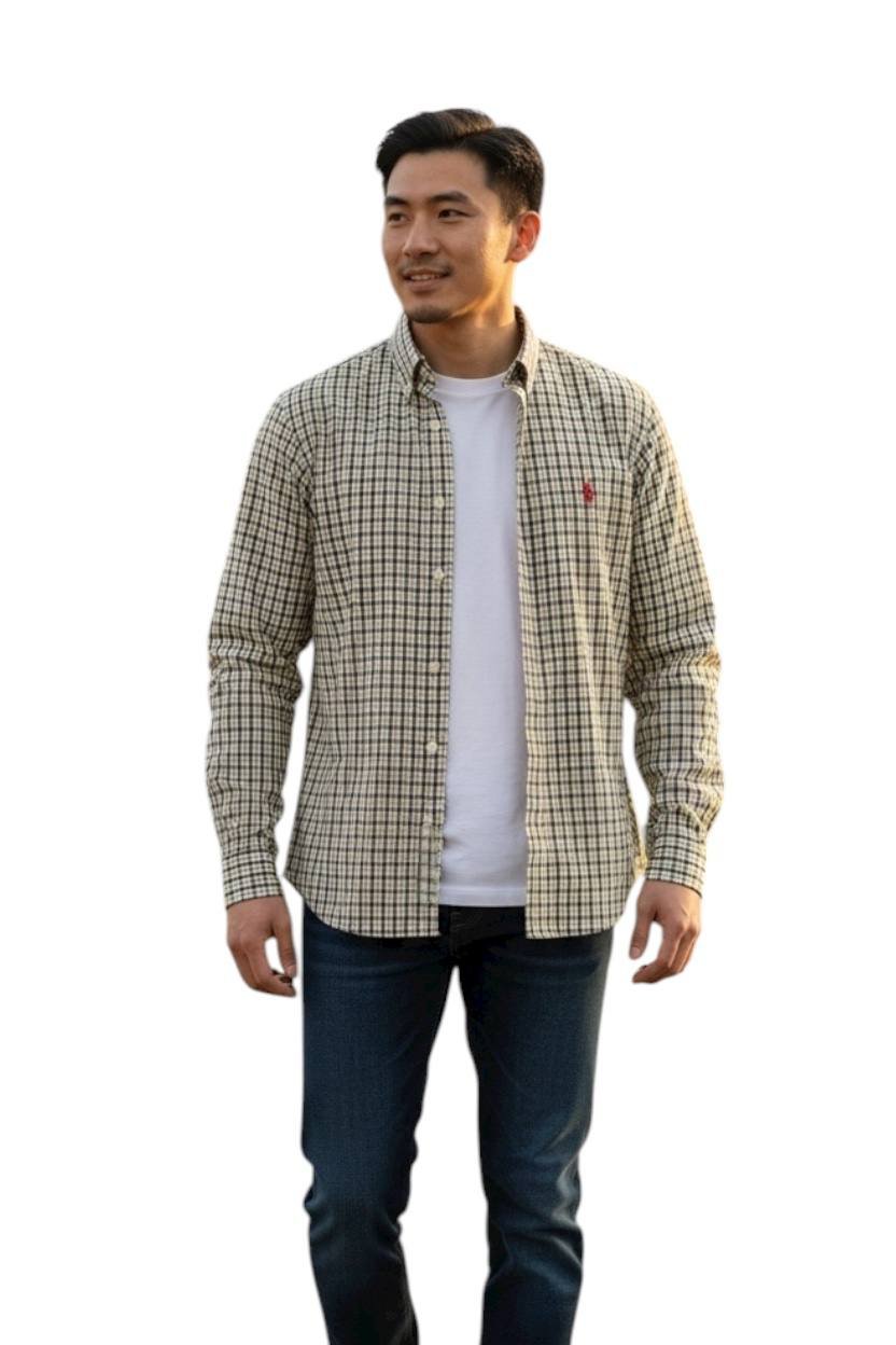 Camisa Ralph Lauren Masculina Xadrez Dourado Pony Vermelho