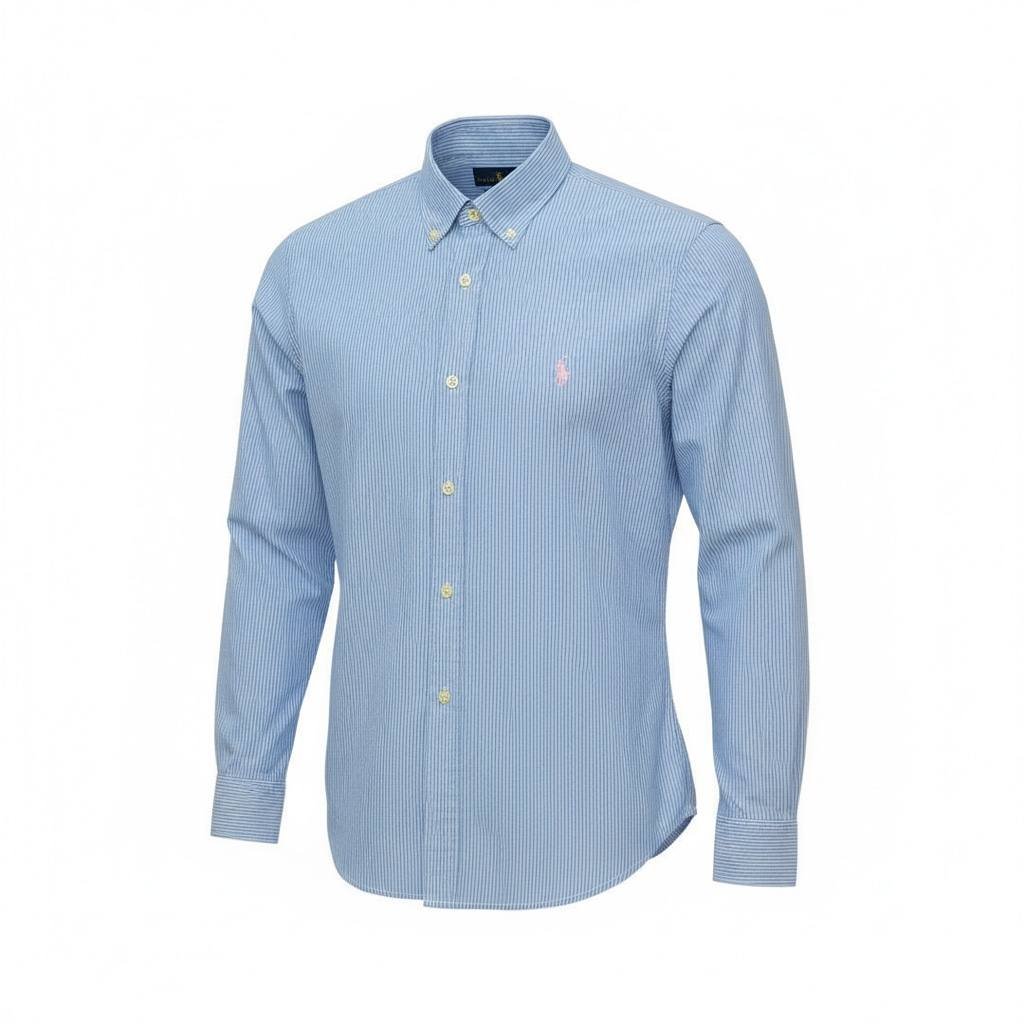 Camisa Ralph Lauren Masculina Azul Bebê Listras Minimalista Pony Rosa