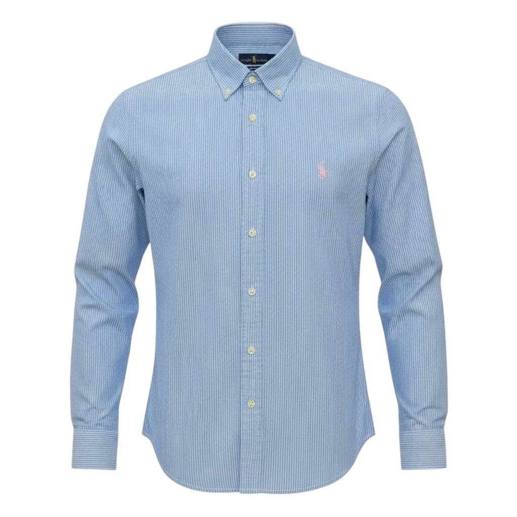 Camisa Ralph Lauren Masculina Azul Bebê Listras Minimalista Pony Rosa
