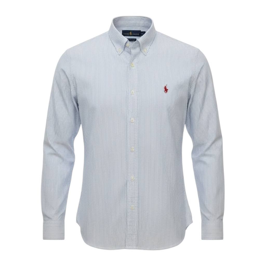 Camisa Ralph Lauren Masculina Branca Listras Executiva Pony Bordô