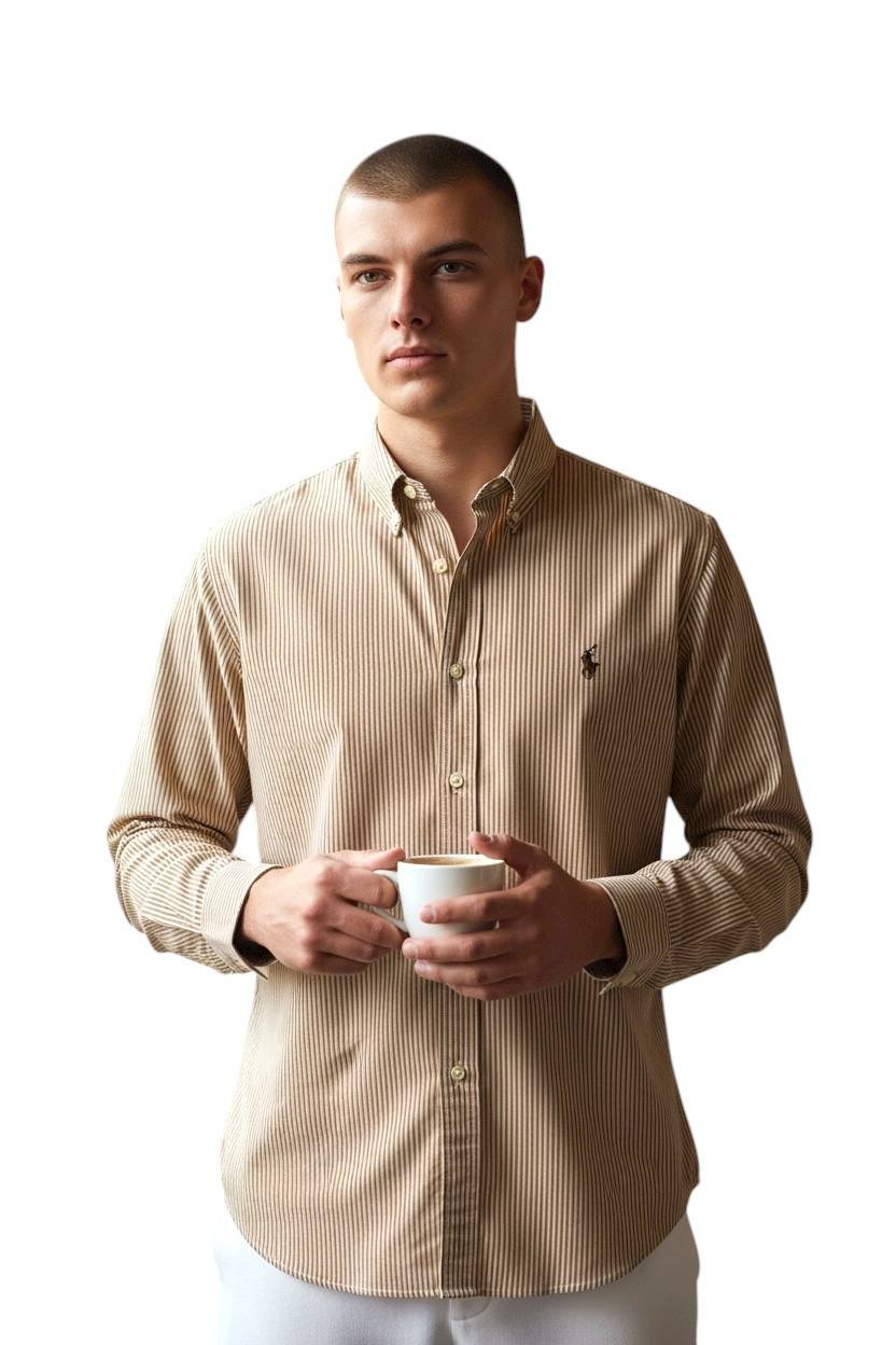 Camisa Ralph Lauren Masculina Marrom Listras Minimalista Pony Chocolate