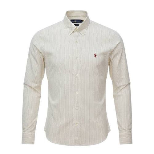 Camisa Ralph Lauren Masculina Creme Listras Executiva Pony Bordô