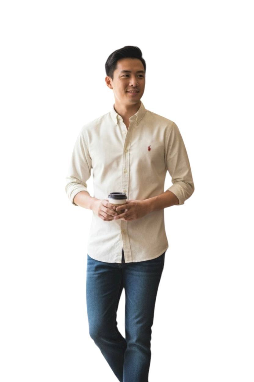 Camisa Ralph Lauren Masculina Creme Listras Executiva Pony Bordô