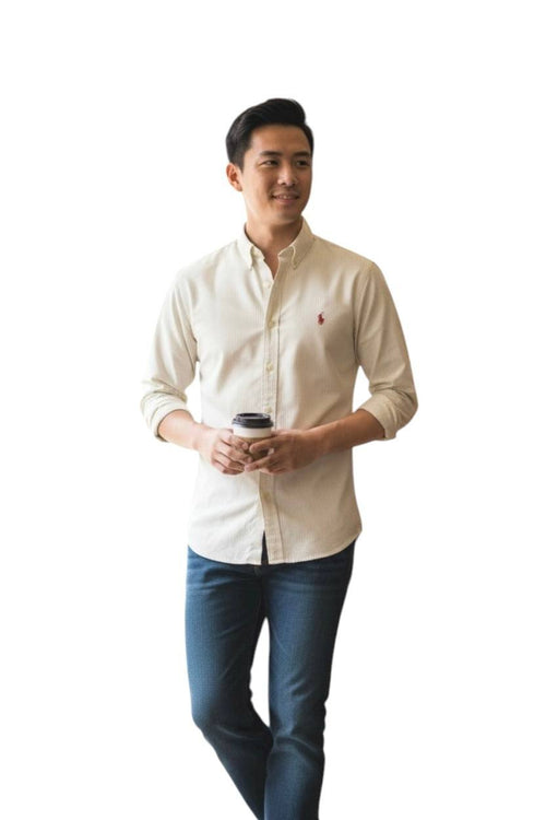 Camisa Ralph Lauren Masculina Creme Listras Executiva Pony Bordô