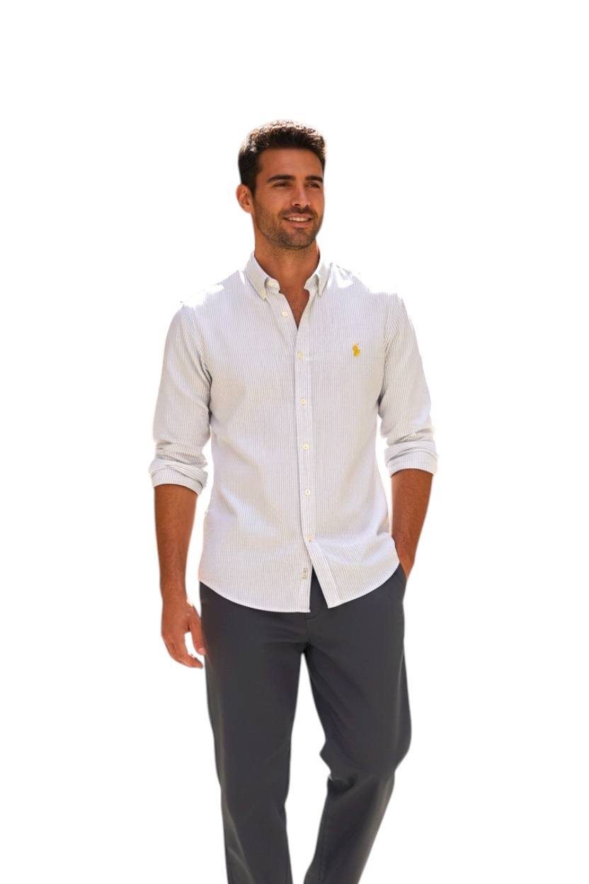 Camisa Ralph Lauren Masculina Branca Listras Executiva Pony Amarelo