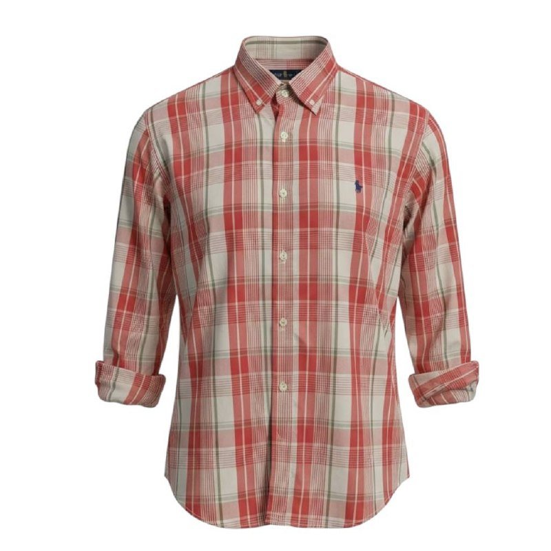 Camisa Ralph Lauren Masculina Xadrez Listras Marrom Madeira Pony Marinho