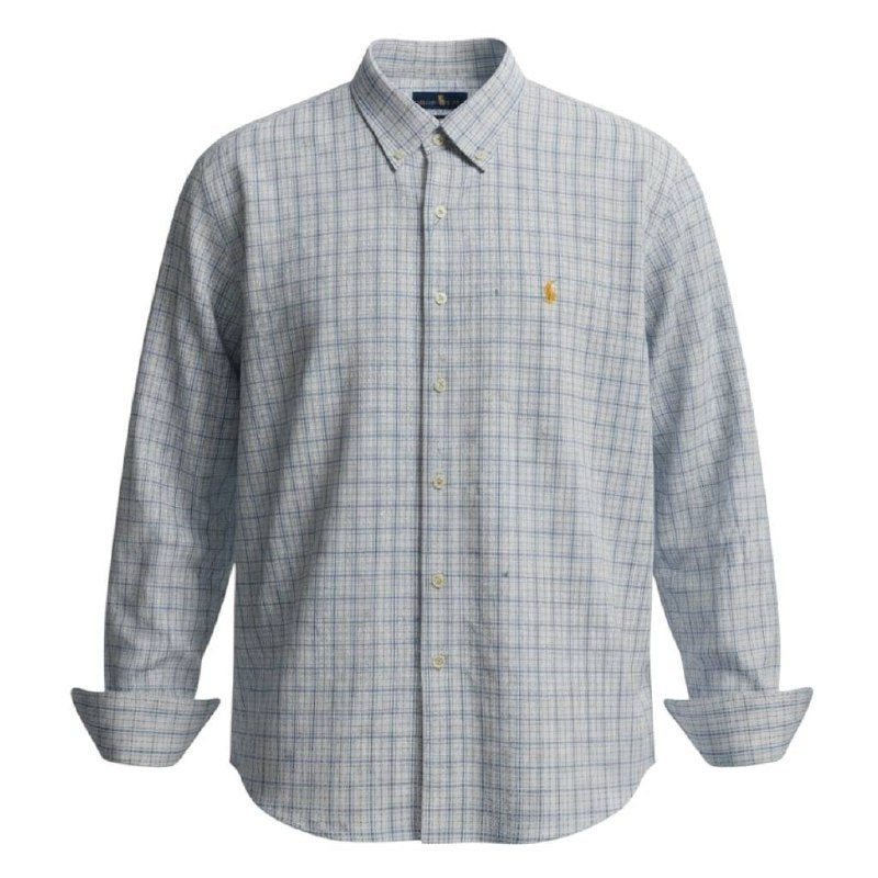 Camisa Ralph Lauren Masculina Xadrez Listrado Creme Pony Dourado
