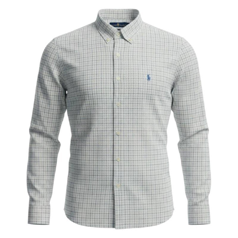 Camisa Ralph Lauren Masculina Xadrez Listrado Azul e Branco Pony Turquesa