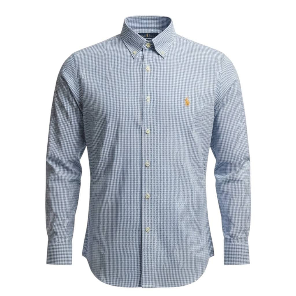 Camisa Ralph Lauren Masculina Micro Xadrez Listras Azuis Pony Dourado