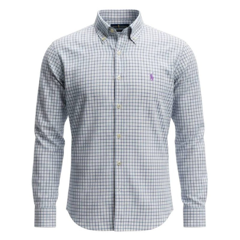 Camisa Ralph Lauren Masculina Xadrez Listras Azuis Pony Lilás