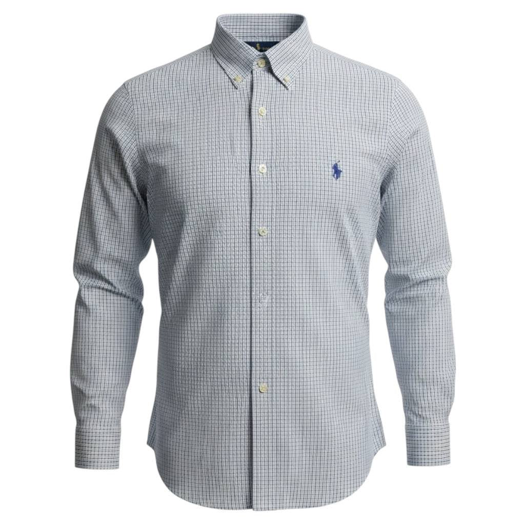 Camisa Ralph Lauren Masculina Micro Xadrez Listras Verde Pony Marinho