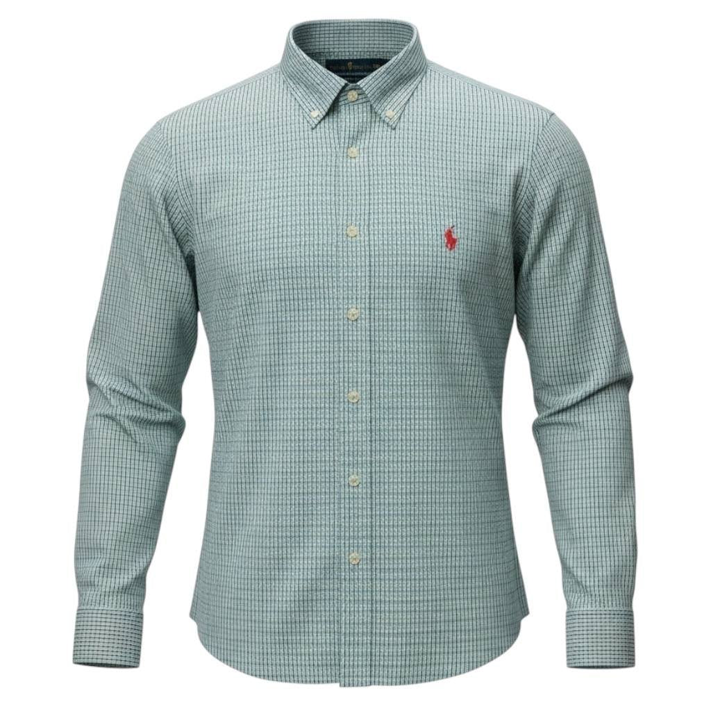 Camisa Ralph Lauren Masculina Micro Xadrez Listras Verde Pony Vermelho