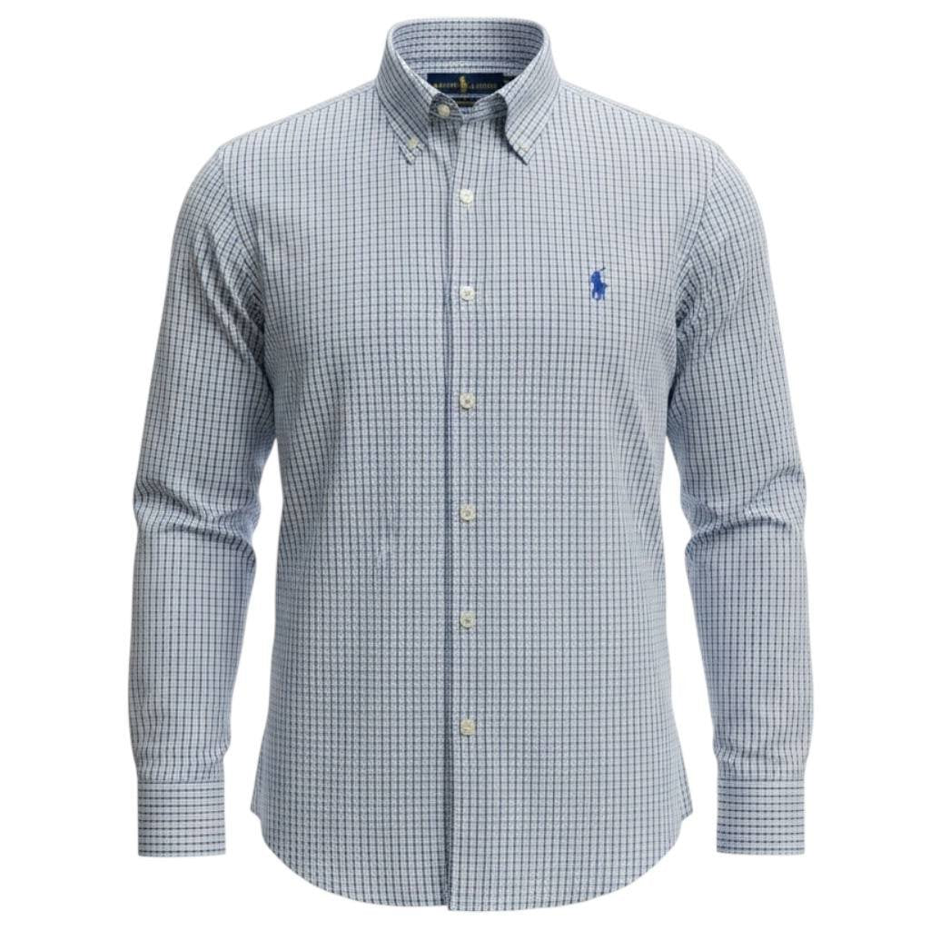 Camisa Ralph Lauren Masculina Micro Xadrez Listras Marrom Pony Azul