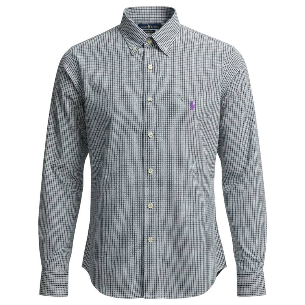 Camisa Ralph Lauren Masculina Micro Xadrez Listras Preta Pony Roxo