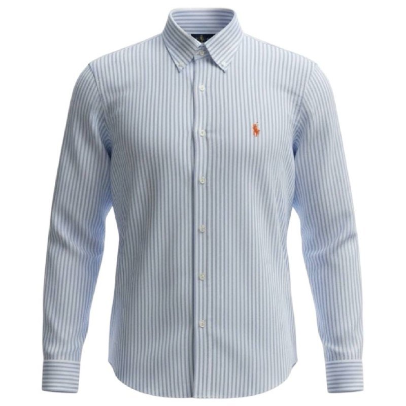 Camisa Ralph Lauren Masculina Azul Bebê Listras Americana Pony Laranja