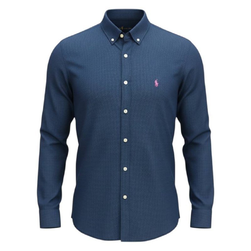 Camisa Ralph Lauren Masculina Micro Xadrez Azul Petróleo Pony Rosa