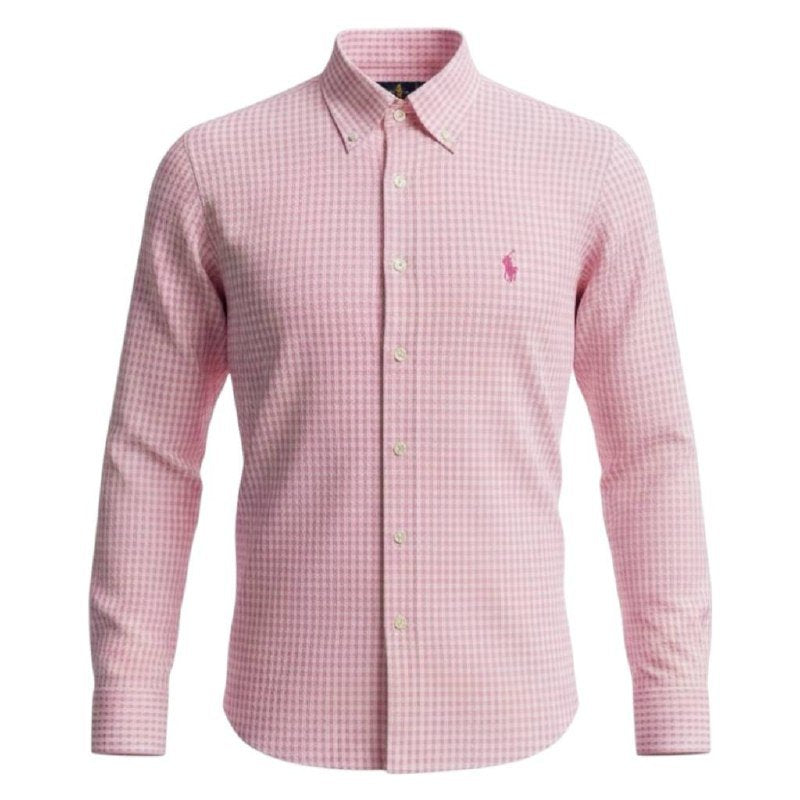 Camisa Ralph Lauren Masculina Micro Xadrez Rosa Pony Cereja