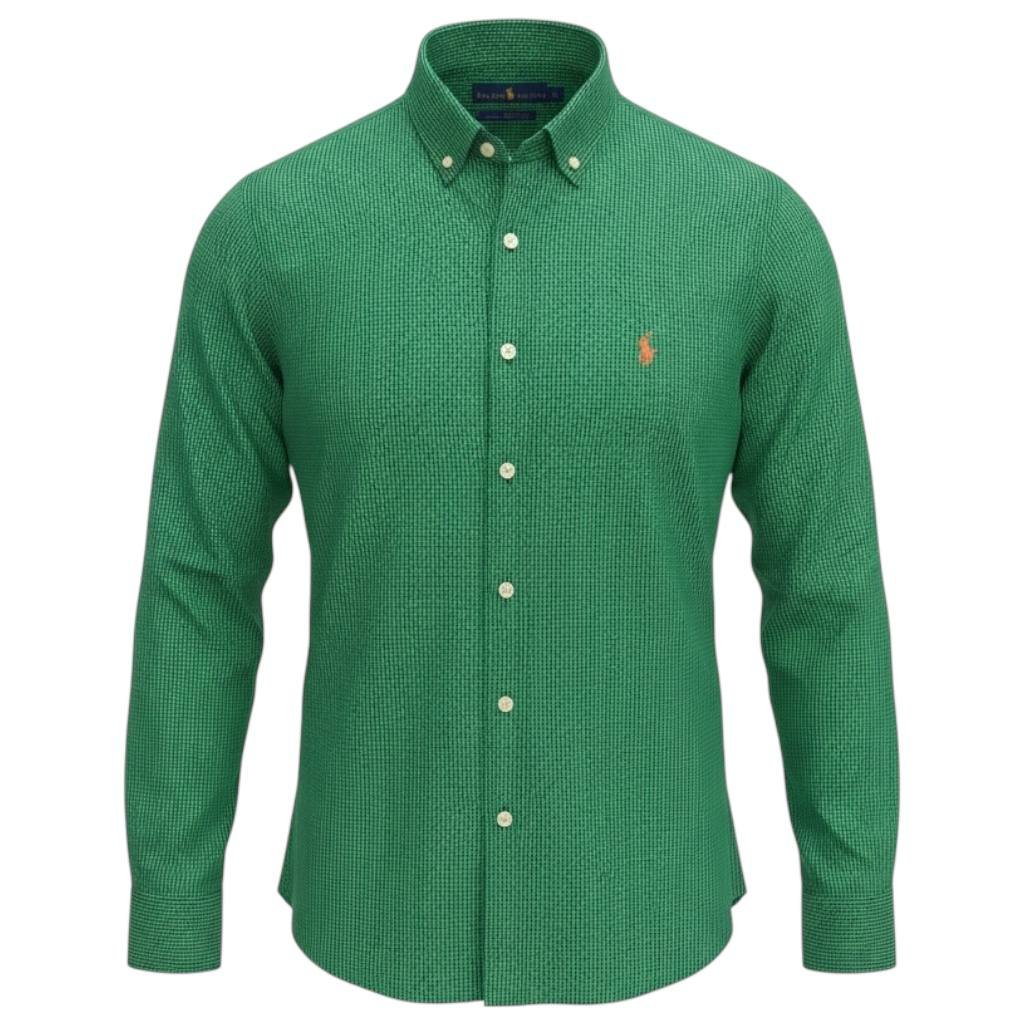 Camisa Ralph Lauren Masculina Micro Xadrez Verde Esmeralda Pony Laranja