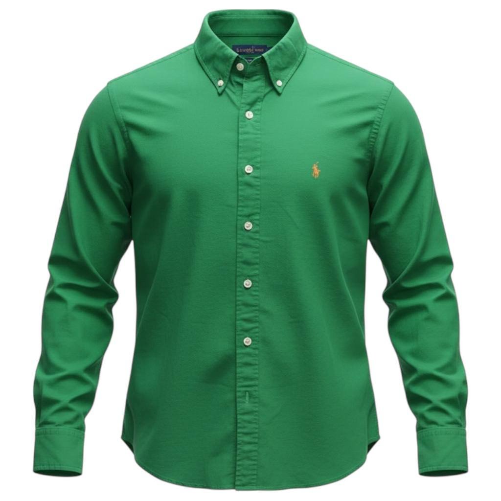 Camisa Ralph Lauren Masculina Oxford Sarjeada Verde Esmeralda Pony Laranja