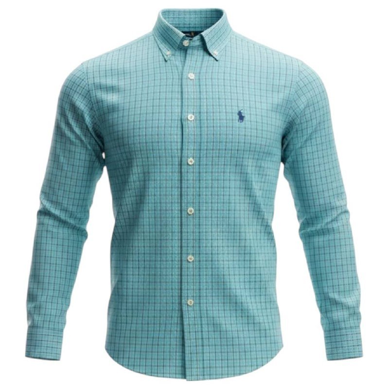 Camisa Ralph Lauren Masculina Xadrez Algodão Doce Pony Petróleo
