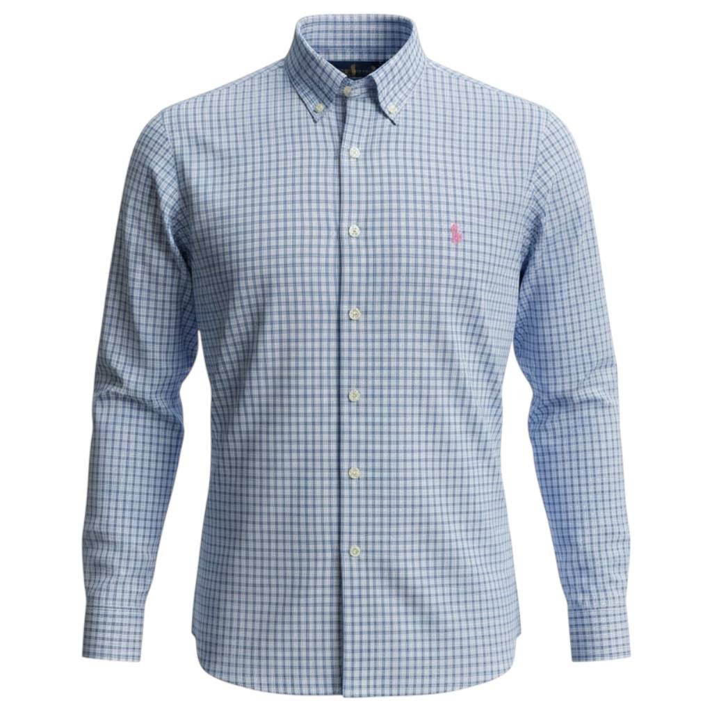 Camisa Ralph Lauren Masculina Xadrez Azul Oceano Pony Rosa