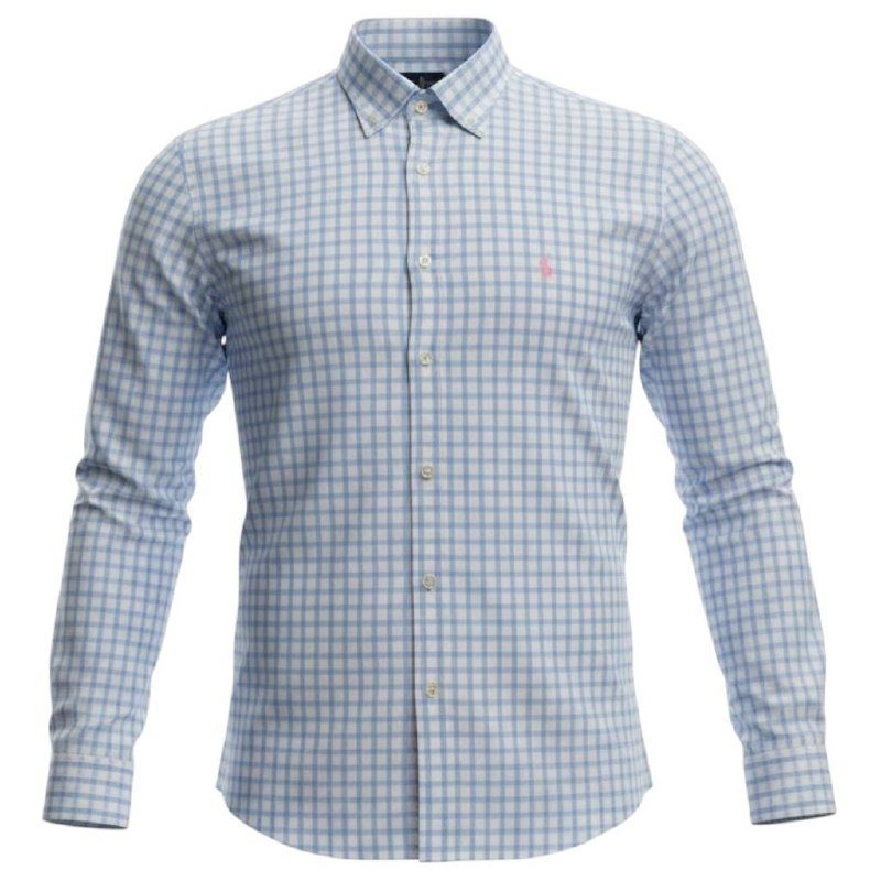 Camisa Ralph Lauren Masculina Xadrez Azul e Branco Pony Rosa
