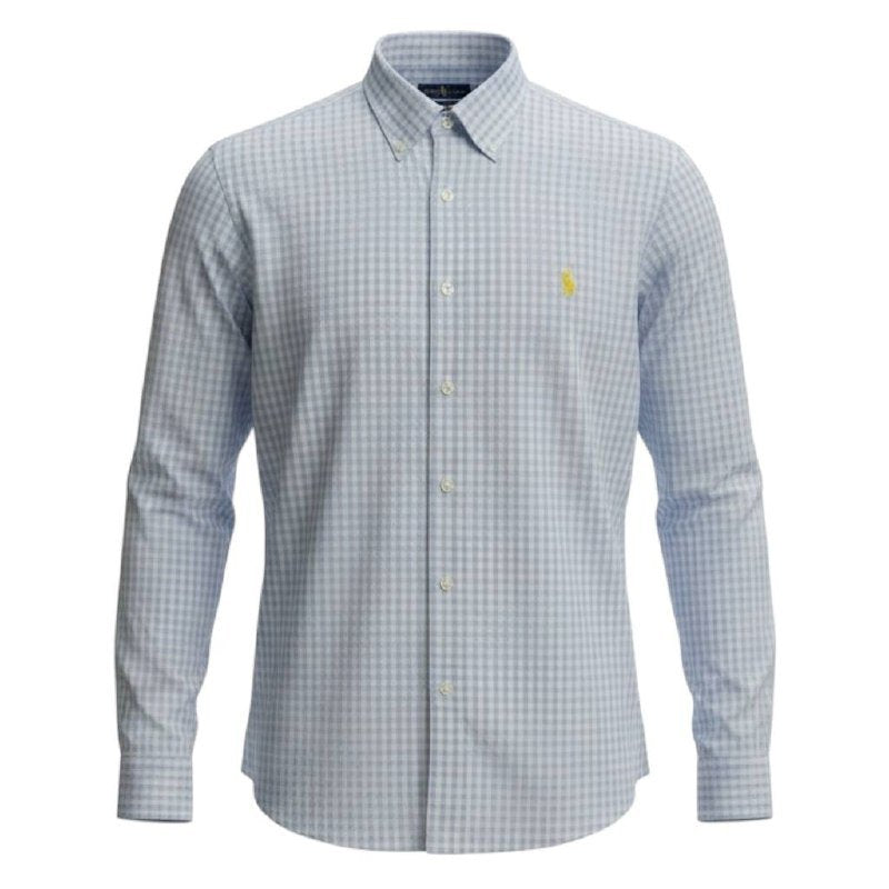 Camisa Ralph Lauren Masculina Xadrez Azul Piscina Pony Amarelo