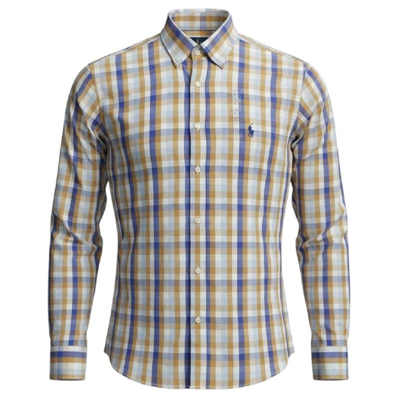 Camisa Ralph Lauren Masculina Xadrez Caramelo Pony Marinho