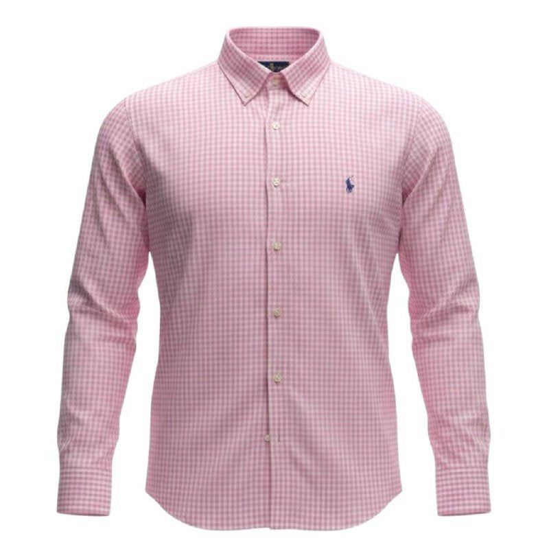 Camisa Ralph Lauren Masculina Xadrez Rosa Minimalista Pony Marinho