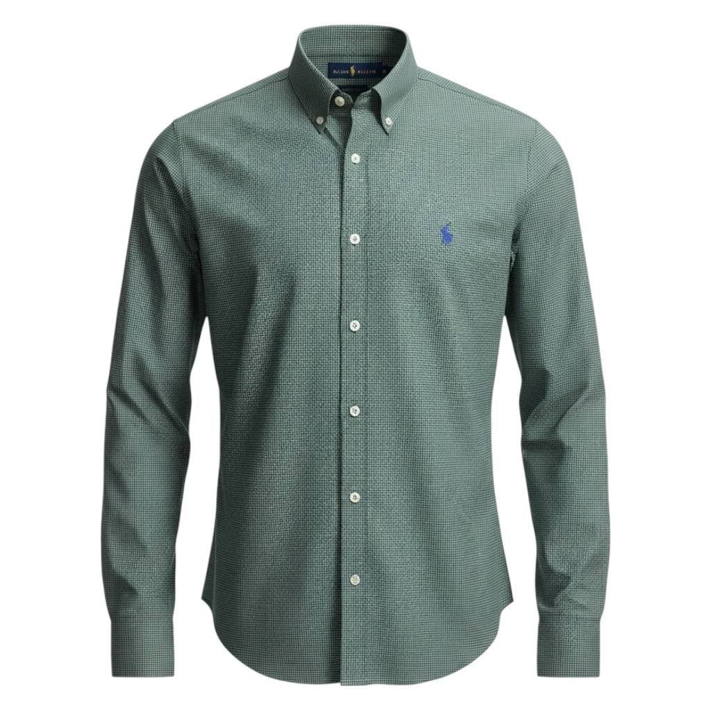 Camisa Ralph Lauren Masculina Micro Xadrez Executivo Verde Pony Azul