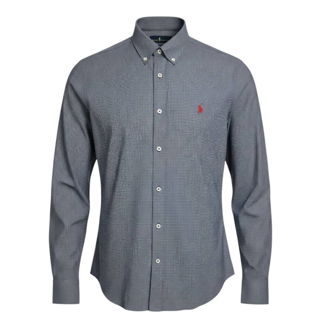 Camisa Ralph Lauren Masculina Micro Xadrez Executivo Azul Pony Vermelho
