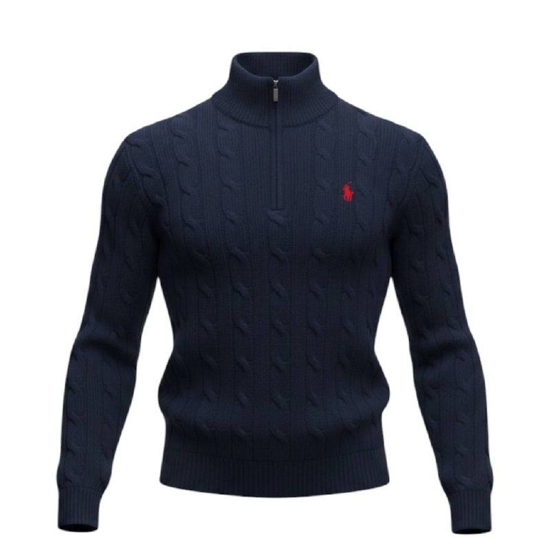 Suéter Trançado Ralph Lauren Masculino Com Zipper Marinho Pony Vermelho