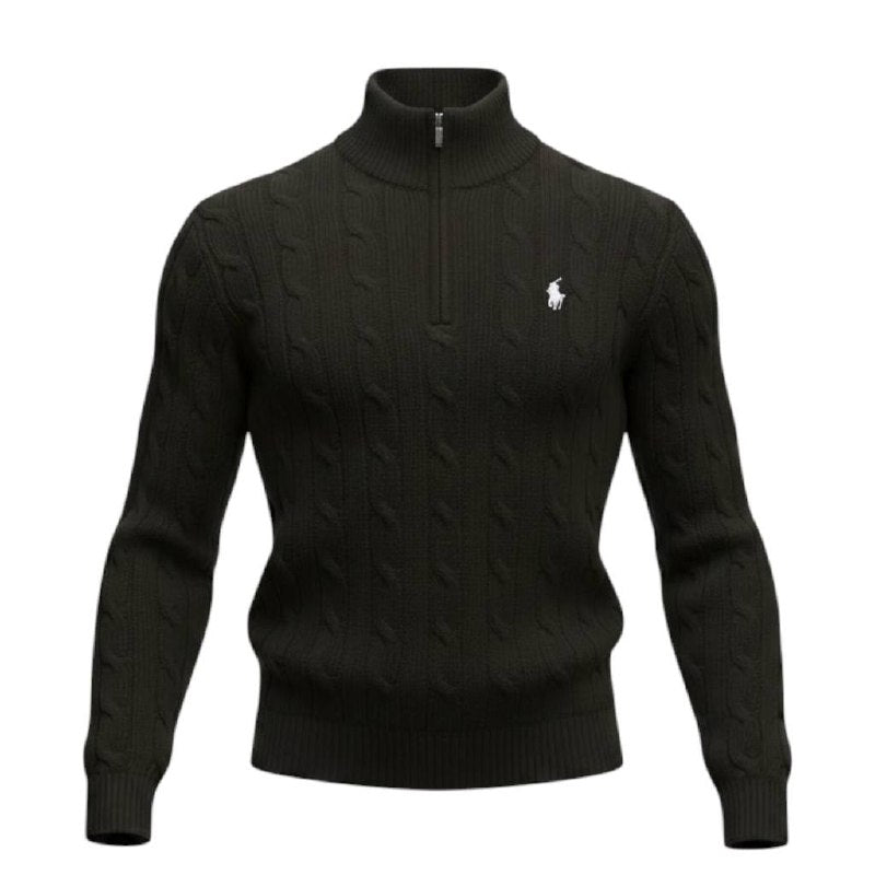 Suéter Trançado Ralph Lauren Masculino Com Zipper Preto Pony Branco